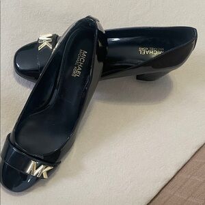 Michael Kors Black Patent Leather Low Block Heel Pumps with Gold MK Accent